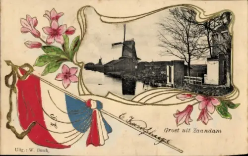 Präge Ak Zaandam Zaanstad Nordholland, Windmühle, Fahne, Blumen