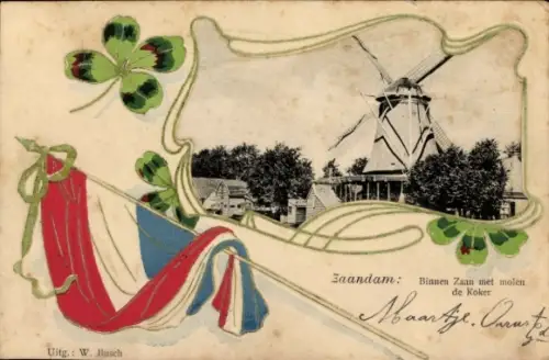 Präge Ak Zaandam Zaanstad Nordholland, Binnen Zaan met molen de Koker
