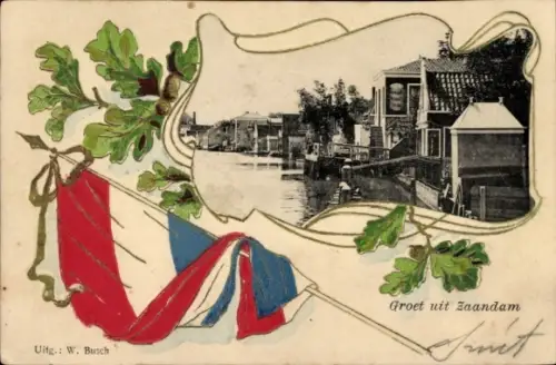 Präge Ak Zaandam Zaanstad Nordholland, Fluss, Häuser, Fahne, Eichenlaub