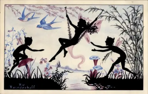 Scherenschnitt Künstler Ak Cramer, R., Feen, Mädchen beim Schaukeln