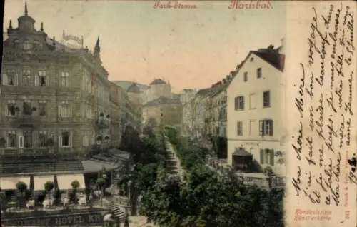 Ak Karlsbad, Blick in die Parkstraße mit Weilburg rechts und Hotel links