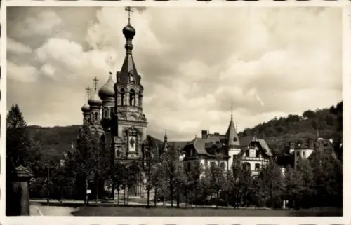Ak Karlovy Vary Karlsbad Stadt, Russische Kirche, Zwiebeltürme