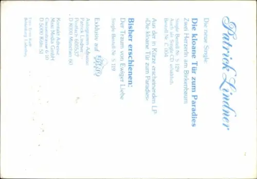 Autogrammkarte Sänger Patrick Lindner, Portrait, Autogramm