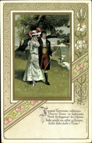Passepartout Ak Liebespaar, Spaziergang, Blumen