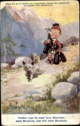 Künstler Ak Junge in schottischer Tracht, Flaschen, Hund, Wanderung