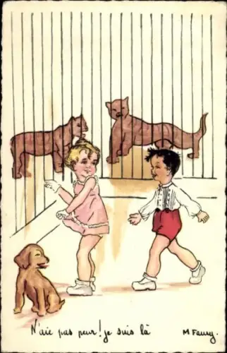 Künstler Ak Kinder im Zoologischen Garten, Hund, Raubkatzen