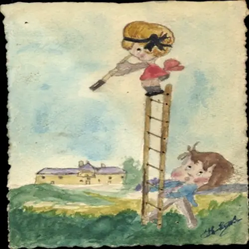 Handgemalt Ak Mädchen auf der Leiter, Fernrohr