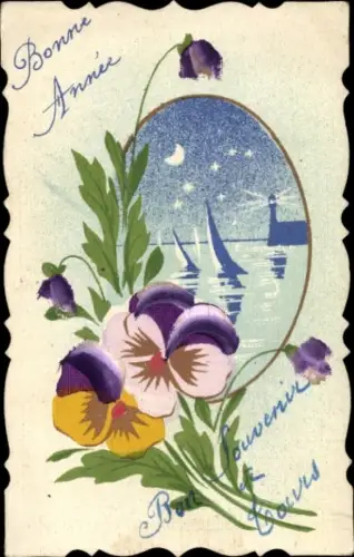 Ak Glückwunsch Neujahr, Stiefmütterchen, Blumen, Segelboote