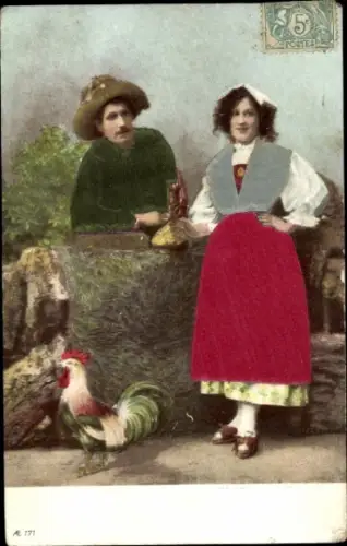 Präge Stoff Ak Mann und Frau in Tracht, Hahn