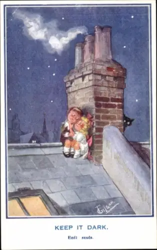 Künstler Ak Grilson, Liebespaar auf dem Dach, Schornstein, Katze
