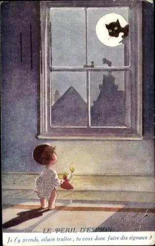 Künstler Ak Grilson, Junge mit Kerze, Schwarze Katze, Mond