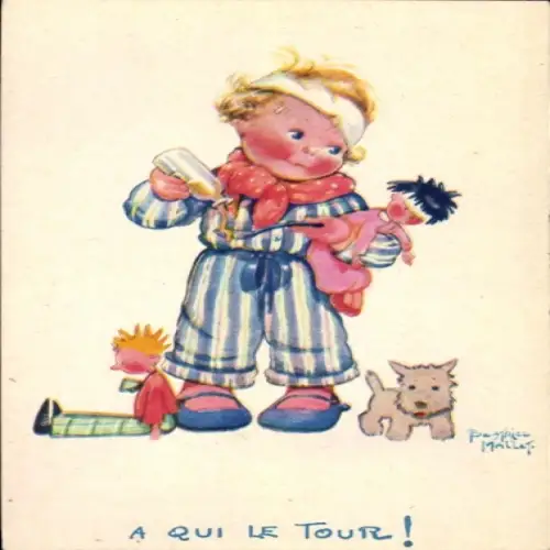 Künstler Ak Mallet, Beatrice, Kind mit Puppen, Hund, Hustensaft,Comite National de l'Enfance