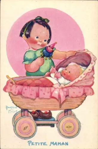 Künstler Ak Mallet, Beatrice, Petite Maman, Mädchen mit Rassel, Baby, Kinderwagen