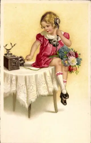 Ak Mädchen beim Telefonieren, Blumen, Telefon