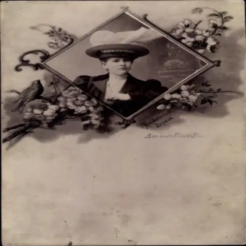 Passepartout Ak Frau-Porträt, Hut, Blumen