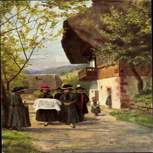 Künstler Ak Hoffmann, H., Kindtaufe, Frauen in Schwarzwälder Tracht, Berghaus