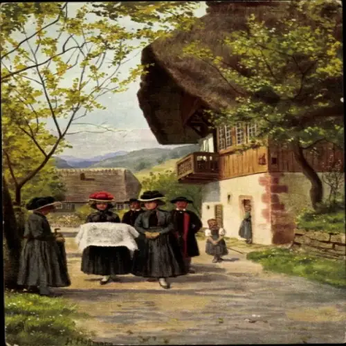 Künstler Ak Hoffmann, H., Kindtaufe, Frauen in Schwarzwälder Tracht, Berghaus