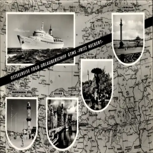 Ak Ostseereise FDGB-Urlauberschiff GTMS Fritz Heckert, Warnemünde, Danzig, Riga, Leningrad