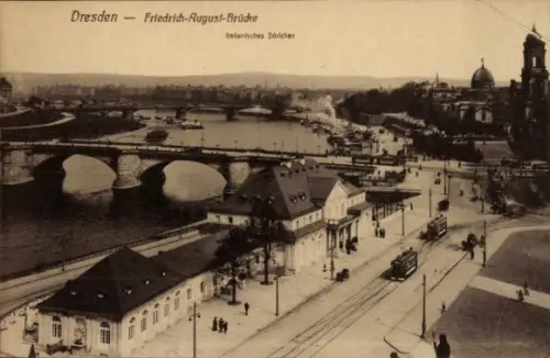 Ak Dresden Altstadt, Friedrich-August-Brücke, Elbe, Gebäude, Straßenbahn, Historische Ansicht