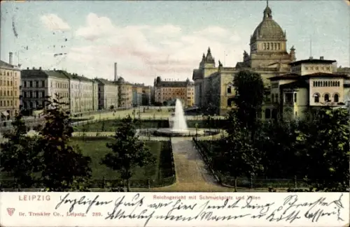 Ak Leipzig, Vorderansicht des Reichsgerichts, Schmuckplatz, Fontaine, Straßenansicht