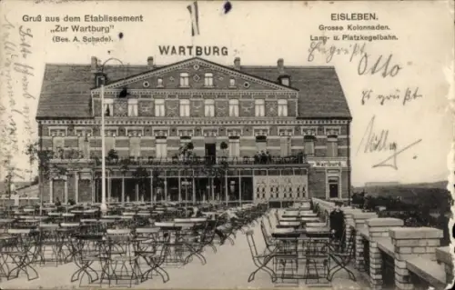 Ak Lutherstadt Eisleben, Etablissement Zur Wartburg, große Kolonnaden, Platzkegelbahn