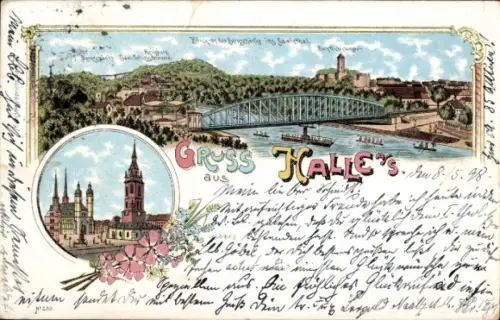 Litho Halle an der Saale, Panorama, Saalethal, Kirche