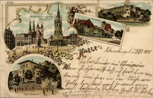 Litho Halle an der Saale, Moritzburg, Bad Wittekind, Marienkirche, Marktplatz