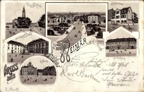 Litho Weimar in Thüringen, Rathaus, Schloss, Schillerhaus, Goethehaus