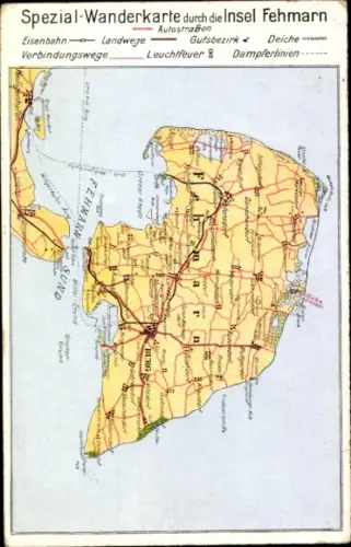 Ak Insel Fehmarn Ostholstein, Spezial-Wanderkarte, Insel  Straßen und Eisenbahn, Leuchtfeuer, Dam