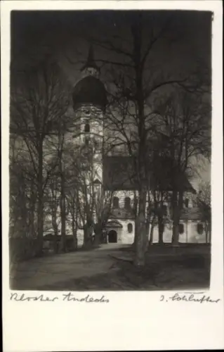 Ak Herrsching am Ammersee, Kloster, hoher Turm, Bäume, Schwarz-Weiß Foto