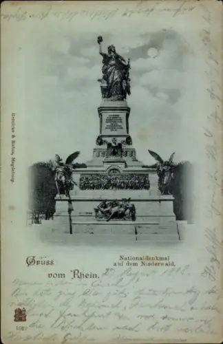 Mondschein Ak Rüdesheim am Rhein, Niederwald Nationaldenkmal