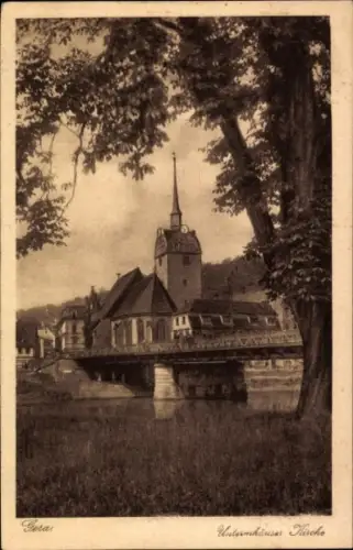 Ak Untermhaus Gera in Thüringen, Untermhäuser Kirche, Brücke, Baum,  Ansicht