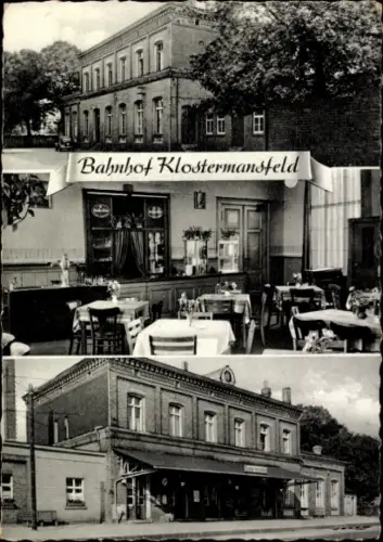 Ak Klostermansfeld in Sachsen Anhalt, Bahnhof  Restaurant,  Gebäude, Landschaft