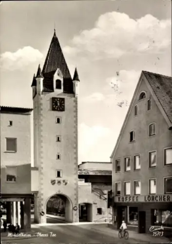 Ak Mindelheim im Unterallgäu,  Obeces Toc, Turm, Kaffee Lorcher, Schwarz-Weiß-Foto