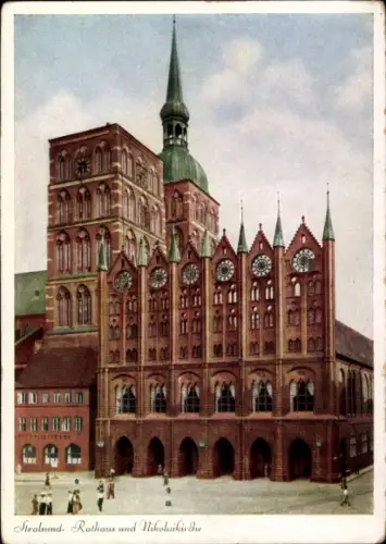 Ak Stralsund in Vorpommern, Rathaus, Nikolaikirche,  Architektur, Farbfoto