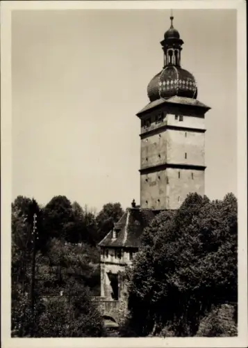 Ak Dinkelsbühl in Mittelfranken, Segringertor, r Turm, umgeben von Bäumen, Schwarz-Weiß-Foto