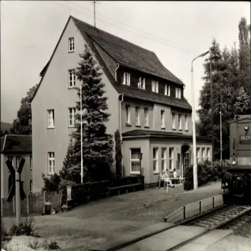 Ak Lössau Schleiz im Vogtland Thüringen, Reichsbahnferienheim, 110 271-, Gebäude, Bahnhof, Bäume,