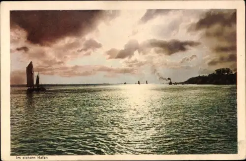 Ak Ostseebad Sellin auf Rügen, Hafenansicht, Boote, Wasser, Wolken, Lichtspiel