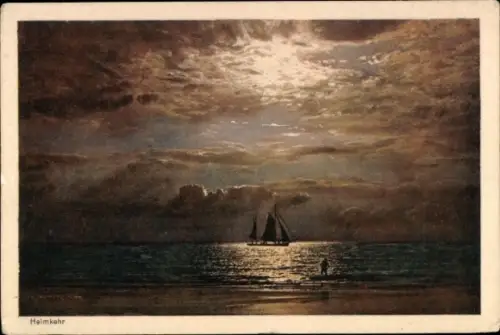 Ak Ostseebad Sellin auf Rügen, Malerischer Sonnenuntergang, Segelschiff, Strand, Wolken