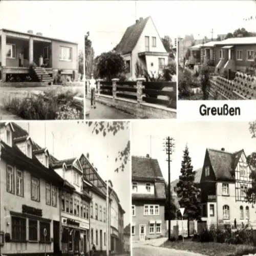 Ak Greußen in Thüringen, Mehrere Gebäude, Landschaft, schwarz-weiß, nformat, 'Greußen' Schriftzug