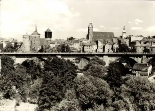 Ak Reichenbach im Vogtland, Städtische Ansicht, Brücke,  Gebäude, hohe Türme, schwarz-weiß Fotogr