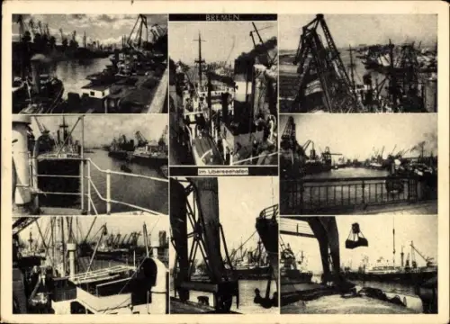 Ak Hansestadt Bremen, Verschiedene Hafenbilder, Schiffe, Kräne,  Im Überseehafen