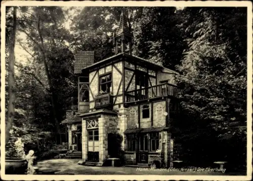 Ak Hann. Münden in Niedersachsen, Eberburg, Fachwerkhaus, Wald,  Sehenswürdigkeit