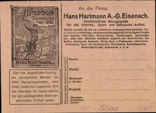 Ak Lutherstadt Eisenach Thüringen, Hellthal,  mit Abbildung von Fahrrädern, Kataloganfrage, Firma