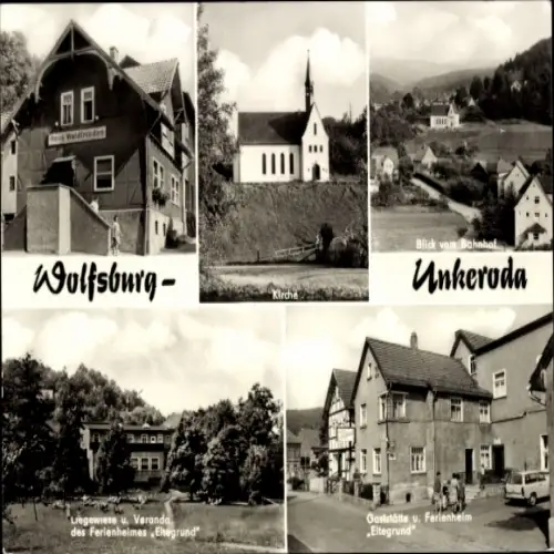 Ak Unkerode Unkeroda Gerstungen Wartburgkreis, Wolfsburg, Kirche, Blick vom Bahnhof, Ferienheim E