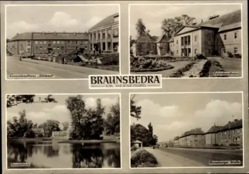 Ak Braunsbedra im Saalekreis, Konsumkaufhaus Glückauf, Feierabendheim, Gondelteich, Merseburger S