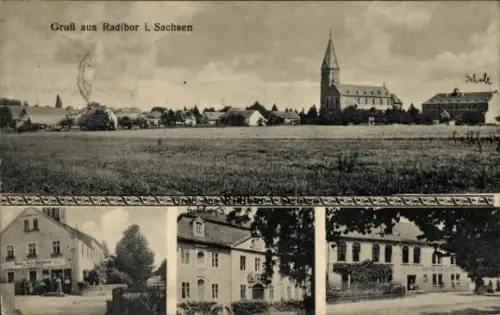 Ak Radibor in Sachsen, Gesamtansicht, Kirche, Geschäftshaus, Gasthof