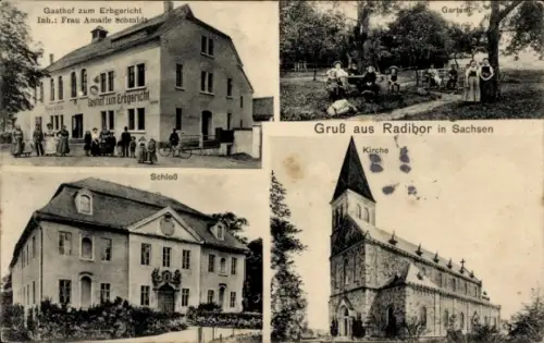 Ak Radibor in Sachsen, Gasthof zum Erbgericht, Inh. Amalie Schmidt, Schloss, Garten, Kirche