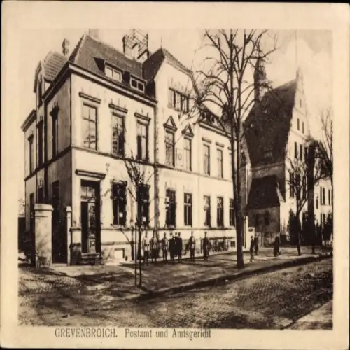 Ak Grevenbroich in Westfalen, Postamt und Amtsgericht, s Gebäude, Bäume, Straßenszene