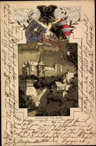 Passepartout Präge Wappen Litho Nürnberg Mittelfranken Bayern, Blick auf die Burg bei Mondenschein